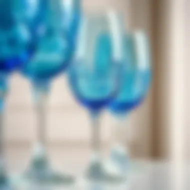 Close-up of intricate designs on blue glassware
