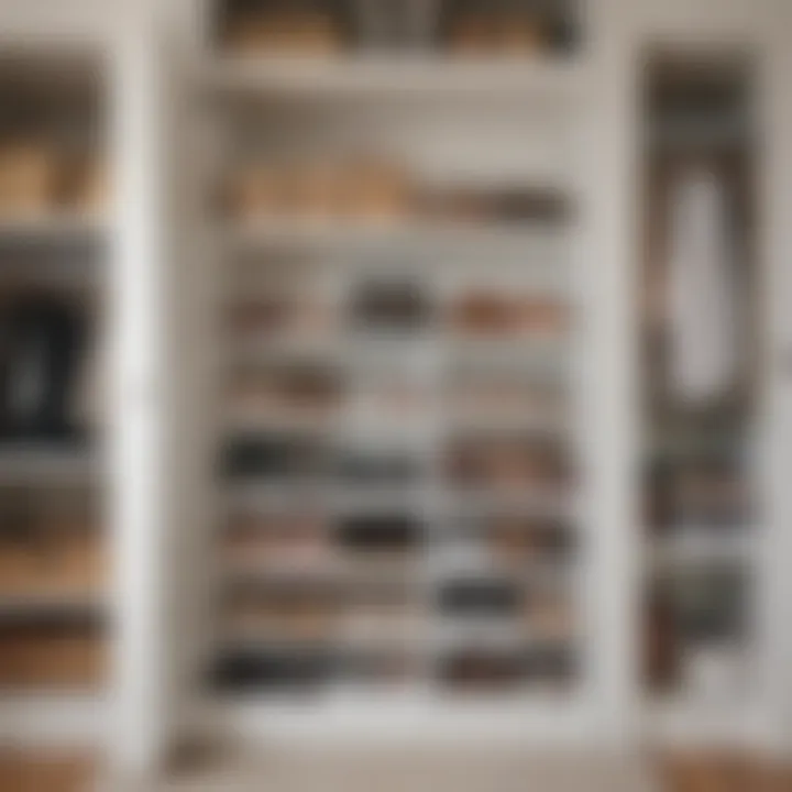 Organized closet with multiple plastic storage shoe boxes arranged neatly