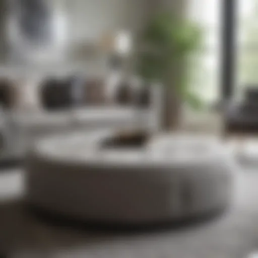 Elegant gray circle ottoman in a modern living room setting