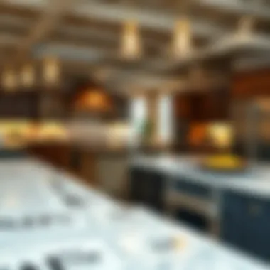 Discount tags on kitchen islands in a showroom