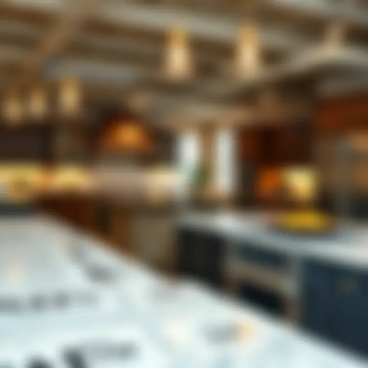 Discount tags on kitchen islands in a showroom