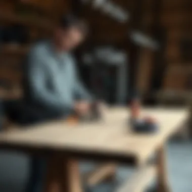 A professional evaluating a used workbench's condition with tools.