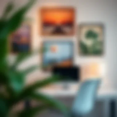 An inspirational workspace adorned with five-piece wall art, enhancing creativity and focus.