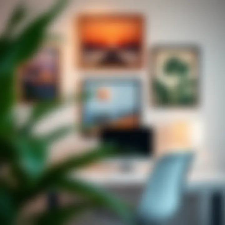 An inspirational workspace adorned with five-piece wall art, enhancing creativity and focus.
