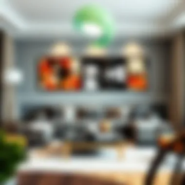 A contemporary living room featuring five-piece wall art that complements modern decor.