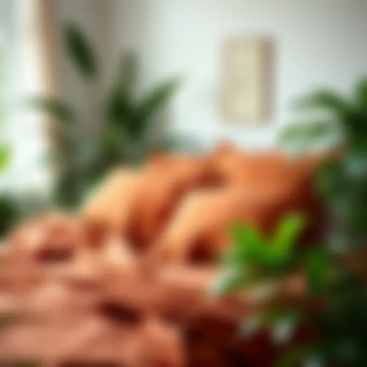 A serene bedroom scene featuring rust-colored sheets surrounded by lush indoor plants
