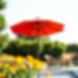 A beautifully designed large garden umbrella in a vibrant color