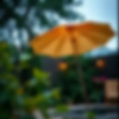 A robust umbrella standing firm against rainy weather in a garden