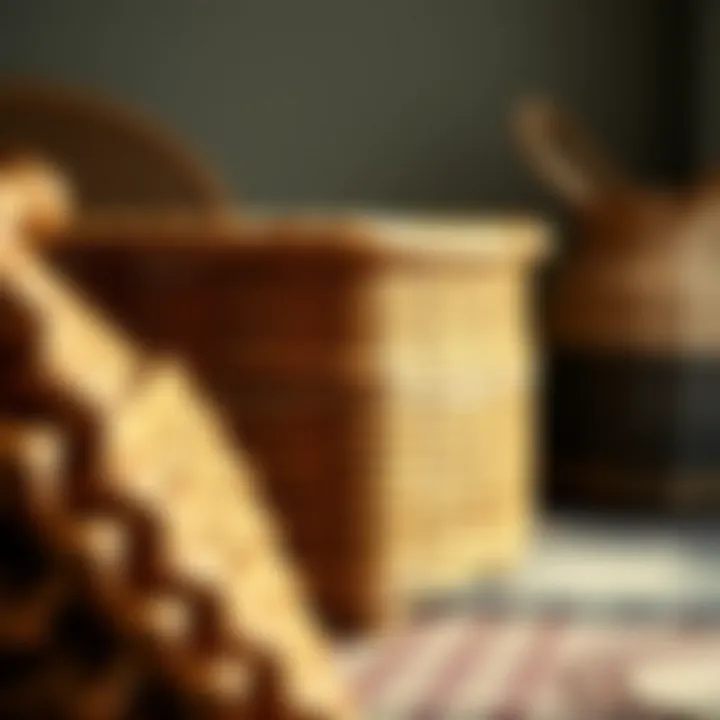 A close-up view of the intricate craftsmanship and materials of a wicker basket.