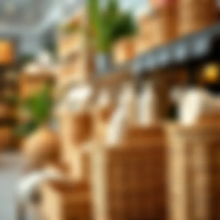 A retail display incorporating wicker baskets for merchandising products elegantly.