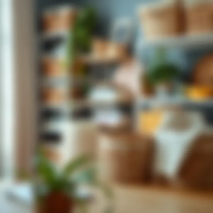 An organized workspace featuring wicker baskets used for storage solutions.