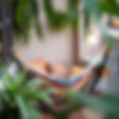 Cozy balcony setup featuring a hammock and decorative plants