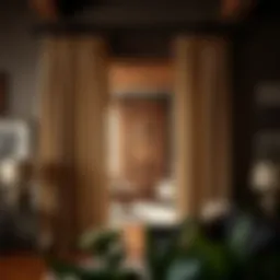 Elegant barn door drapes framing a rustic interior space