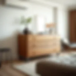 Elegant dresser with casters in a modern living room