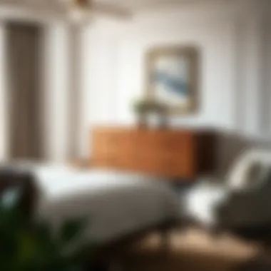 Dresser with casters in a stylish bedroom setting