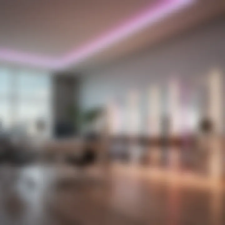 Close-up of rainbow light strips integrated in a contemporary office.