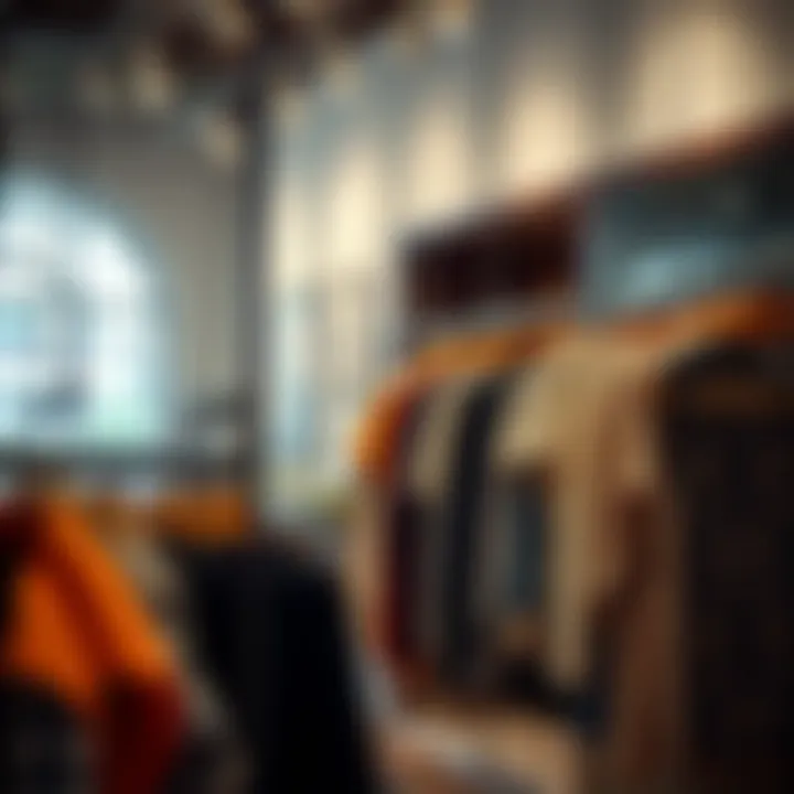 A chic retail space showcasing suspended clothing racks with an artistic display