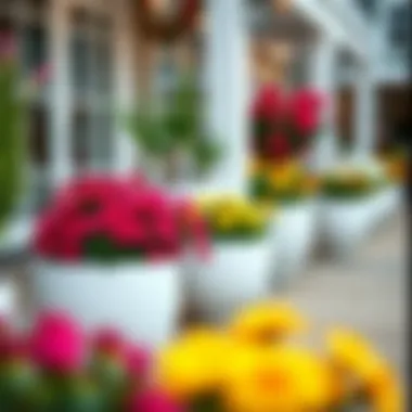 Outdoor space enhanced by white planters filled with vibrant flowers