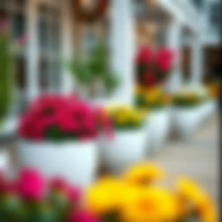 Outdoor space enhanced by white planters filled with vibrant flowers