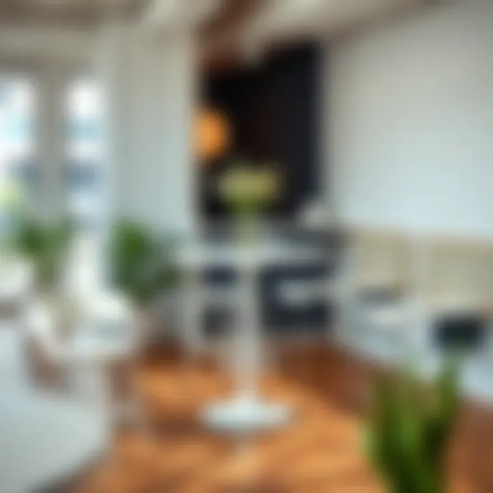 Chic Commercial Setting Featuring White Countertop Height Table Chic commercial setting with a white countertop height table arrangement