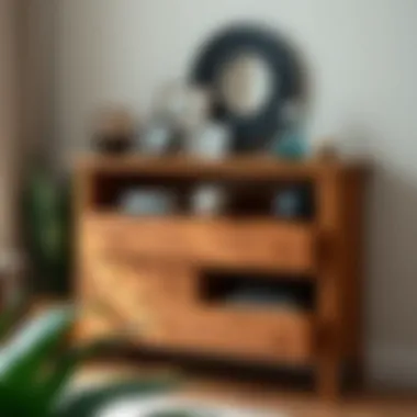 Versatile corner chest of drawers displaying various decorative items