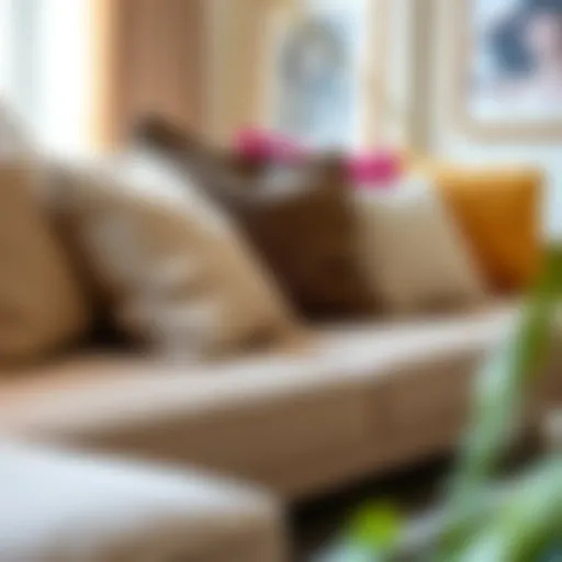 Elegant arrangement of decorative pillows on a modern sofa highlighting different textures