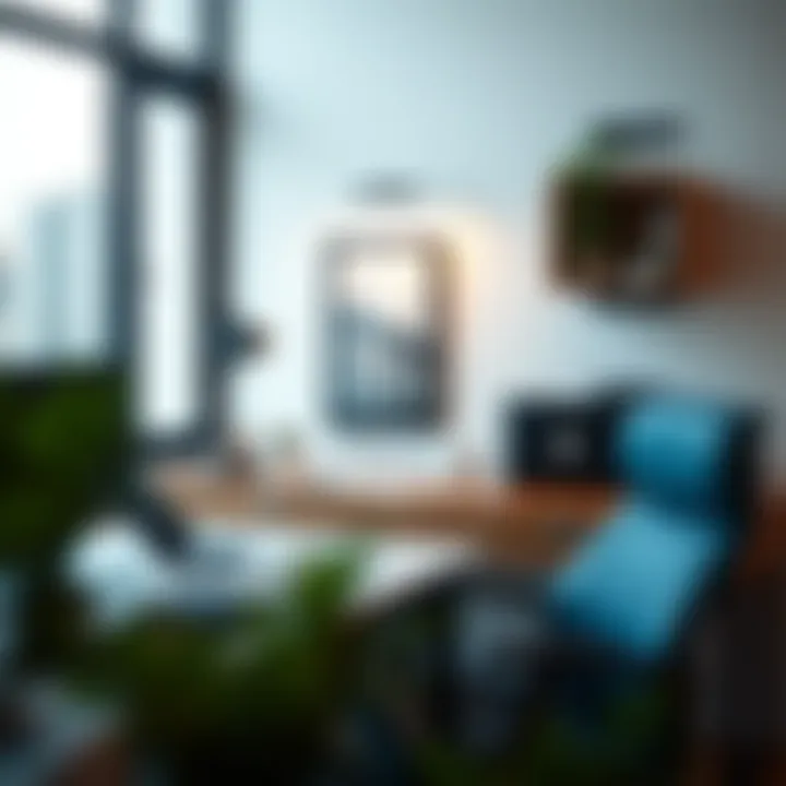 Stylish workspace featuring a glass picture frame enhancing the decor