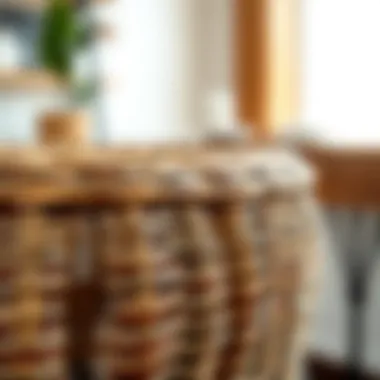 Close-up of the intricate weave of a used wicker bar stool