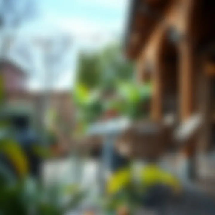 Outdoor patio featuring used wicker bar stools around a bar table