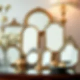 Artistic arrangement of small glass mirrors with decorative elements