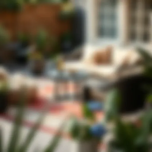 Cozy Outdoor Seating with Stylish Rug Elegant outdoor patio rug enhancing a cozy seating area