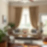 Elegant farmhouse long curtains in a bright living room