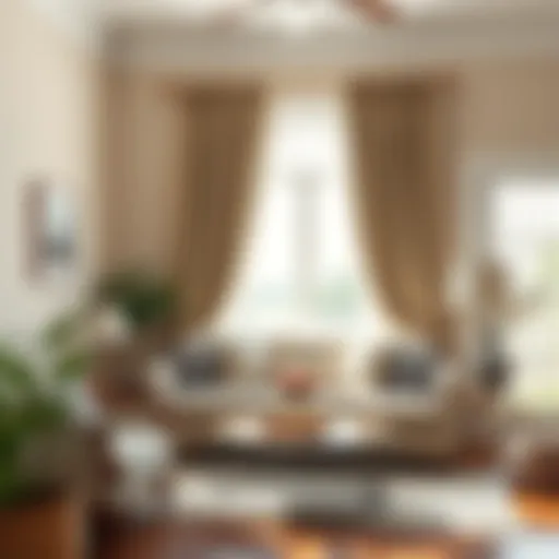 Elegant farmhouse long curtains in a bright living room