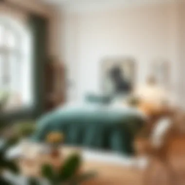 Cozy living space featuring forest green coverlet and complementary decor