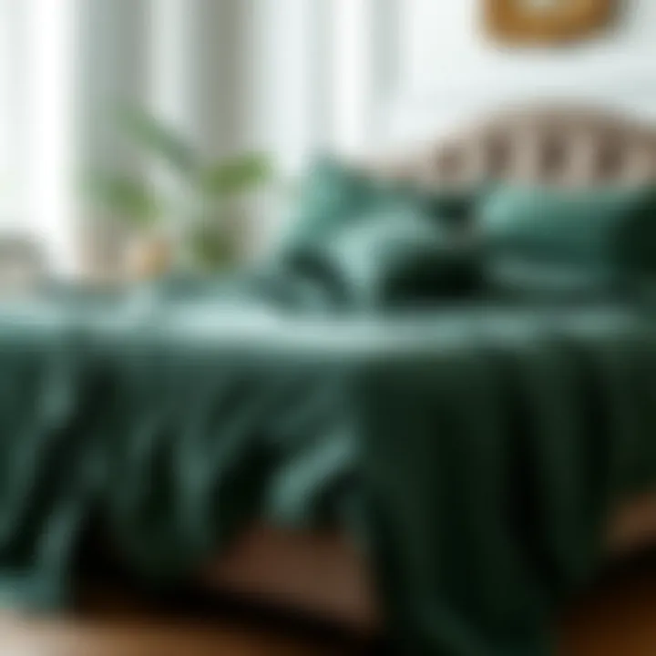 Elegant forest green coverlet draped over a luxurious bed