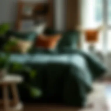 Stylish arrangement of forest green coverlet with accent pillows