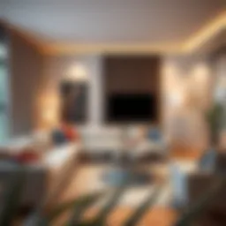 A modern living room featuring a sleek sofa and stylish decor