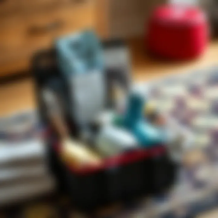 An organized maintenance toolkit for area rugs, featuring cleaning supplies and care instructions.