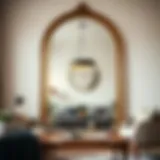 Elegant framed mirror reflecting modern living room decor