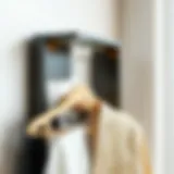 A sleek, modern design of a space-saving clothes hanger showcasing innovative features.