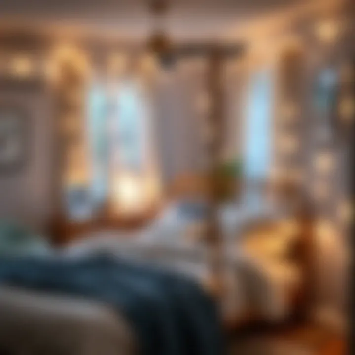 Cozy Bedroom with LED String Lights Elegant LED string lights softly glowing in a cozy bedroom
