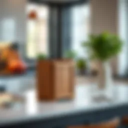 Elegant wood kitchen trash can holder in a modern kitchen setting