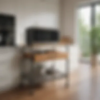 Stylish kitchen featuring a modern microwave cart with a cutting board