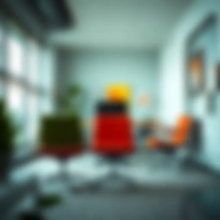 Stylish Integration: Mid-Century Chairs in Modern Office Space Stylish mid-century office space featuring wheel-less chairs