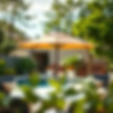 Functional Aesthetic Harmony A modern table that complements a cantilever umbrella, emphasizing functionality and aesthetics