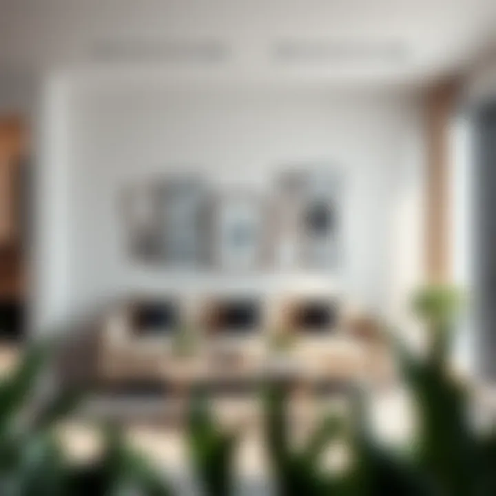 A modern living room featuring a creatively arranged multi-picture frame