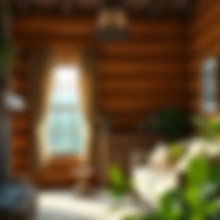 Natural fabric curtains enhancing rustic aesthetics of log homes.