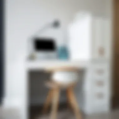 Close-up of materials used in a small white desk with a file cabinet emphasizing quality