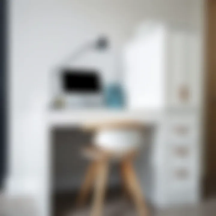 Close-up of materials used in a small white desk with a file cabinet emphasizing quality