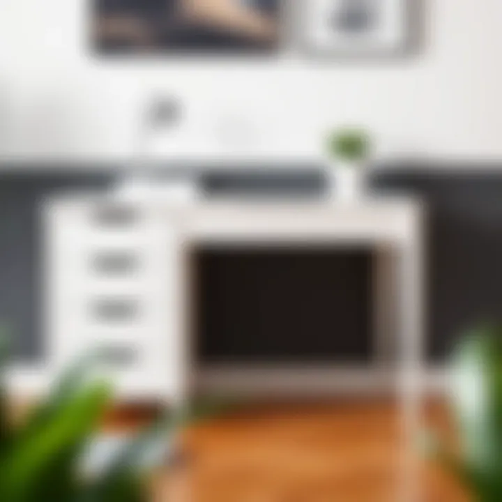 Elegant small white desk with a file cabinet showcasing minimalist design